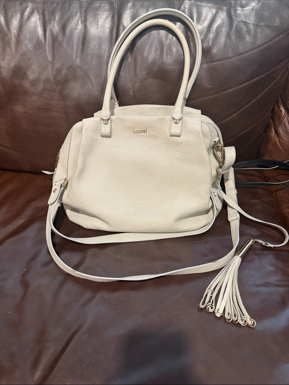 Cream Leather Tote with Tassel Strap